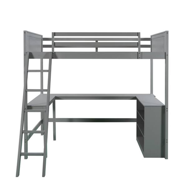 Athmile Gray Full Size Loft Bed With Shelves And Desk Gz B2w The Home Depot