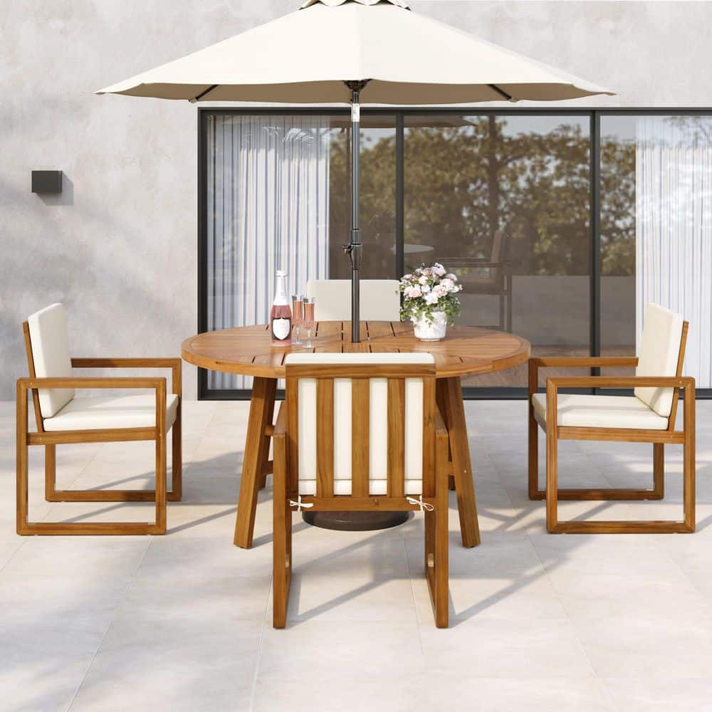 5-Piece Wood Outdoor Dining Chair with Beige Cushions price history on PriceWatchPro