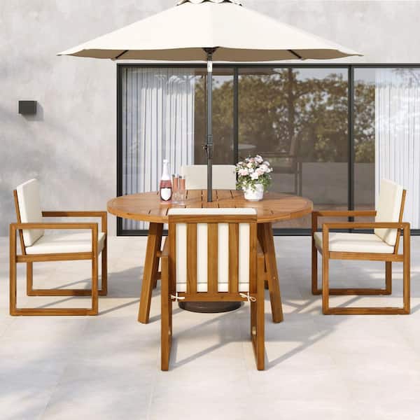 5-Piece Wood Outdoor Dining Chair with Beige Cushions