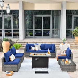 Sanibel Gray 8-Piece Wicker Patio Conversation Sofa Sectional Set with a Metal Fire Pit and Navy Blue Cushions