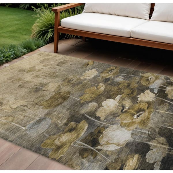 Taupe, Beige, Tan 9 ft. x 12 ft. Woven Floral Polyester Rectangle Indoor/Outdoor Area Rug