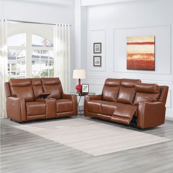 Natalia 2-Piece Coach Brown Leather Reclining Living Room Set