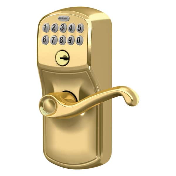 Plymouth Bright Brass Electronic Door Lock with Flair Door Lever Featuring Flex Lock