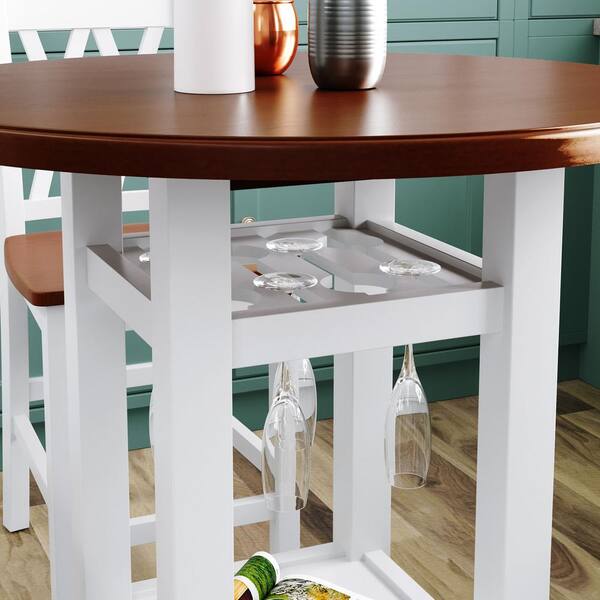 Gojane 36 In Cherry White Farmhouse Wood Top Round Counter Height Kitchen Dining Table With Storage Shelf And Glass Holder Wf2969lwyaak The Home Depot