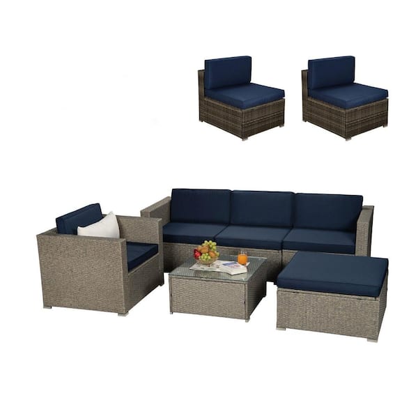 maocao hoom Dark Gray 8-Piece Wicker Patio Conversation Set with Navy Blue Cushions