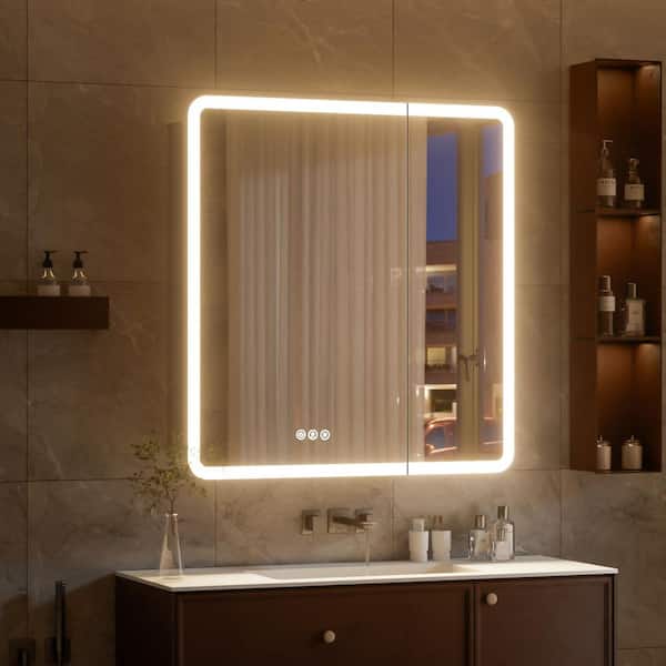 30 in. W x 32 in. H Rectangular LED Light Anti-Fog Aluminum Medicine Cabinet with 2 Mirror Doors and Adjustable Shelf