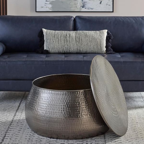 Calluna 30 in. Silver Medium Round Metal Coffee Table with Lift Top Storage