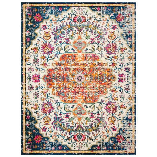 Madison Ivory/Orange 12 ft. x 18 ft. Border Geometric Floral Medallion Area Rug