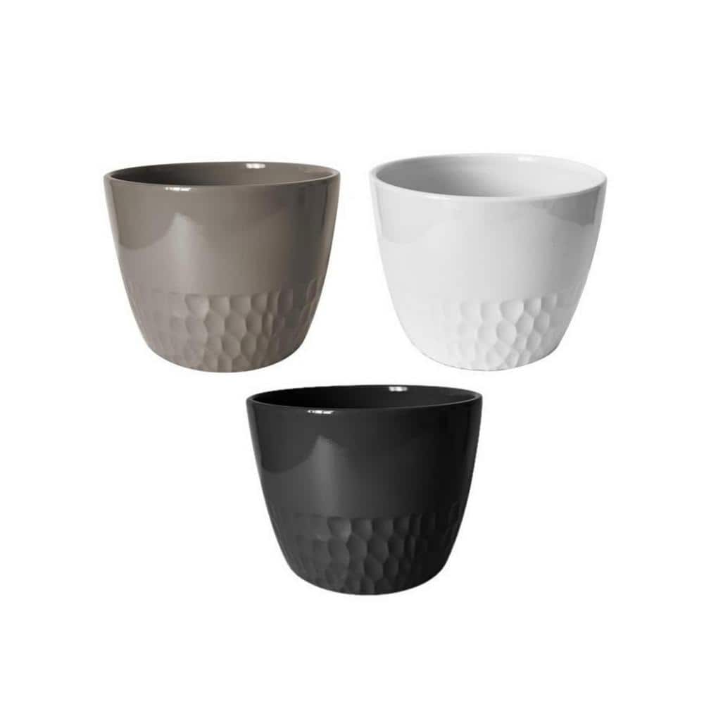 Modern 6 in. dia. Gray/White /Black Round Poly Stone Planter Plastic Pot wi