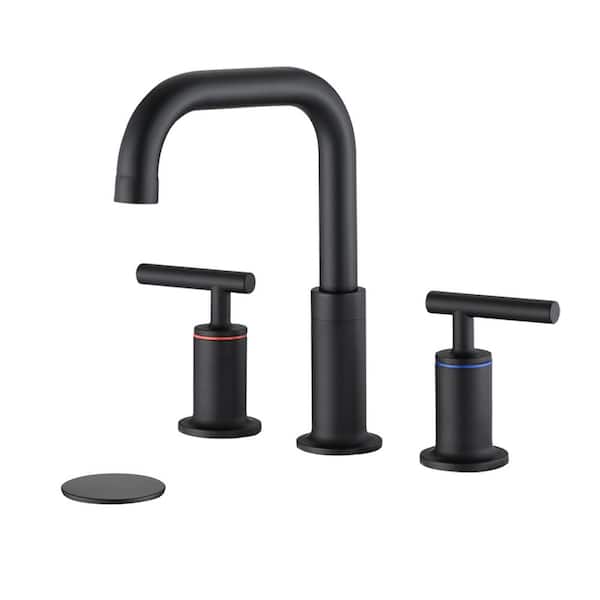 Unbranded Modern 8 in.Widespread 3 Hole 2 Handle Bathroom Sink Basin Faucet with Pop-Up Drain and Supply Lines in Matte Black
