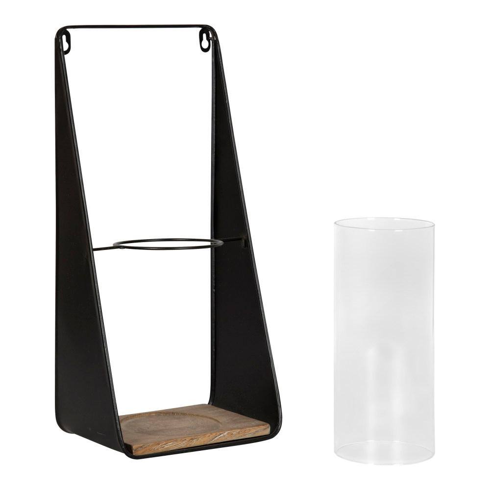 Black and Natural Wood Wall Sconce Set with Glass Chimney