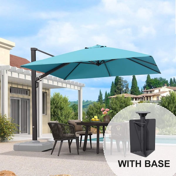 PURPLE LEAF 10 ft. Square Aluminum Large Outdoor Cantilever 360-Degree Rotation Patio Umbrella with Base in Ground, Turquoise Blue