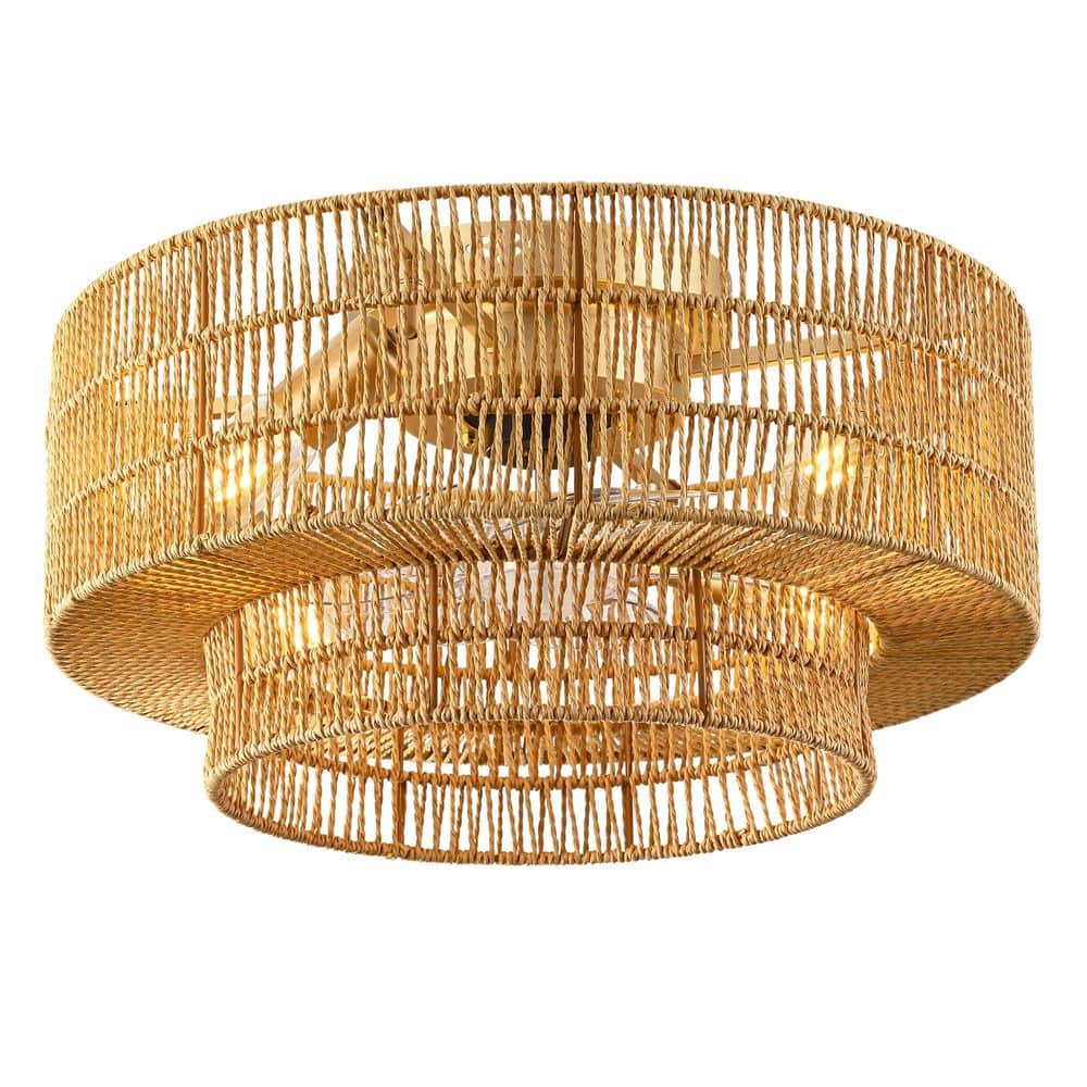 20 in. Indoor Gold Double-Layer Boho Rattan Caged Flush Mount 6-Speed Ceiling Fan with Lights and Remote Control price history on PriceWatchPro