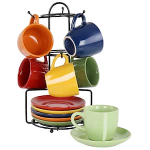Color Cafe 13 Piece Espresso Mug and Saucer Set with Metal Rack in Assorted Colors