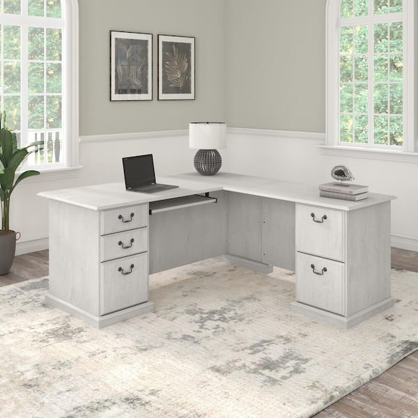 Bush Furniture Cabot L Shaped Desk with Hutch and Small Storage Cabinet with Doors, Linen White Oak