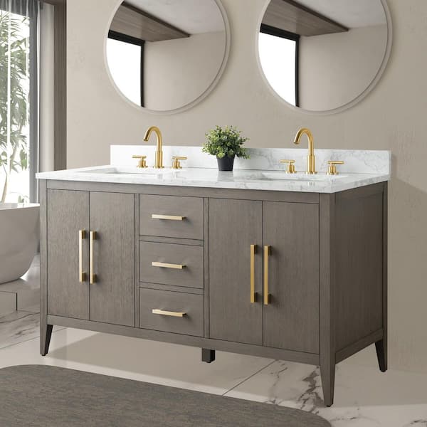 Chambery 60 in. Double Sink Freestanding Driftwood Gray Bath Vanity with Arabescato White Engineered Marble Top
