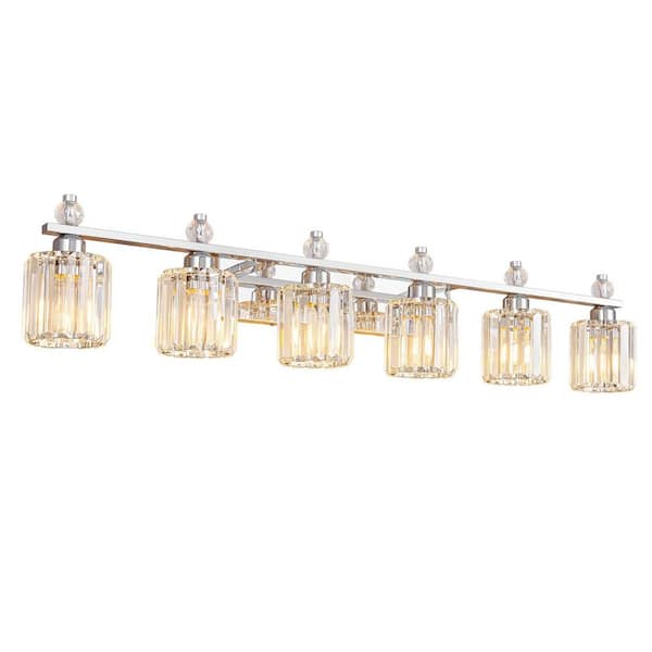 Home Lighting 44.09 in. 6-Light Chrome Round Modern Crystal Vanity Light Fixtures Over Mirror for Bathroom (JW-291)