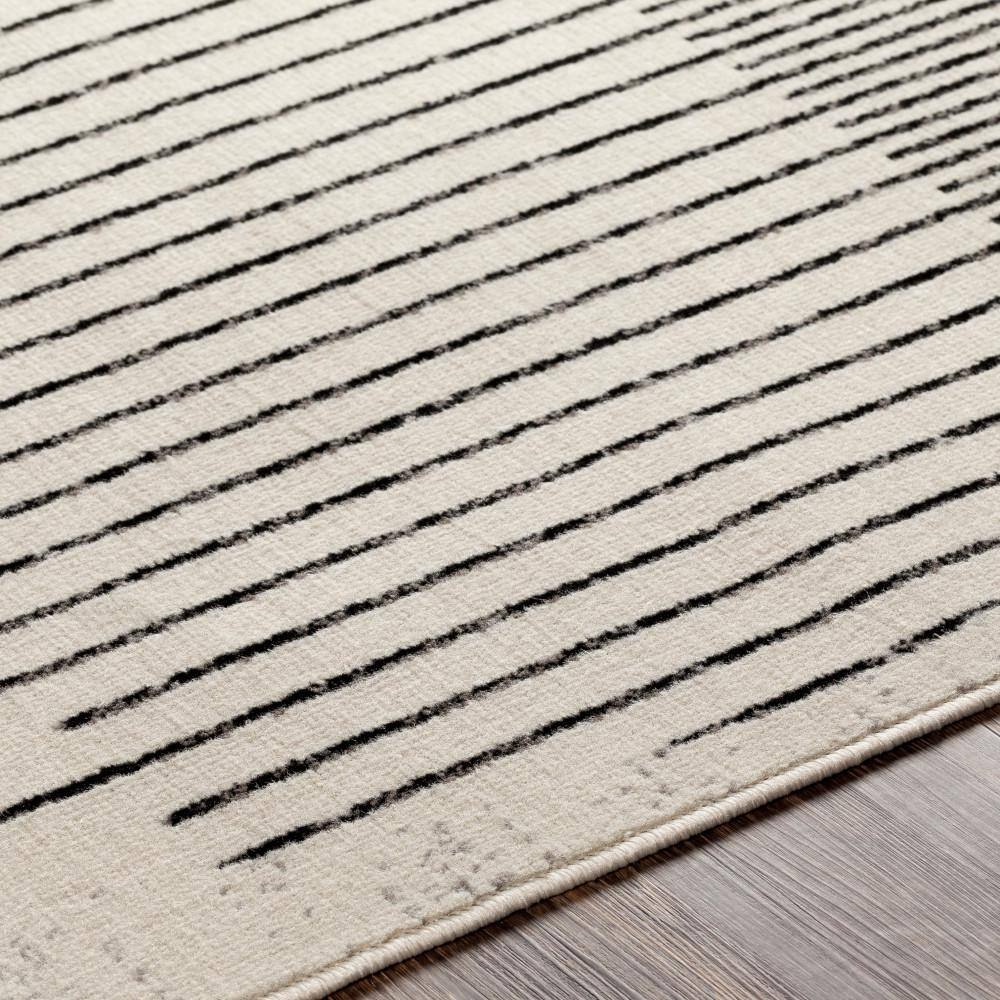 Modern Black and Ivory Geometric Runner Rug, 2'7" x 7'3"