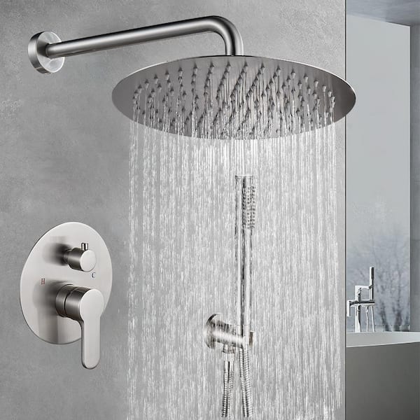 12 in. Single Handle 1-Spray Round Shower Faucet 1.8 GPM with Pressure Balance in Brushed Nickel (Valve Included)