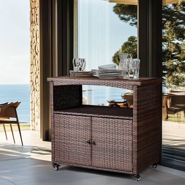 VINGLI Wicker Outdoor Bar with Storage, Patio Bar Table w/Shelf