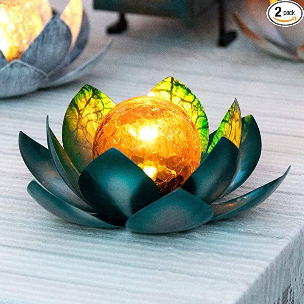 Blue and Amber Crackle Glass Lotus Solar Outdoor Light