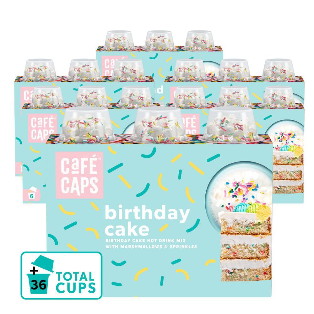 CAFE CAPS Birthday Cake Hot Cocoa w/ Marshmallow, Sprinkle Inclusions Single Serve Cups for