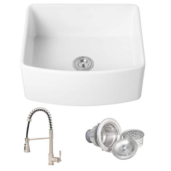 White Fireclay 24 in. Single Bowl Apron-Front Kitchen Sink with Faucets and Basket Strainer