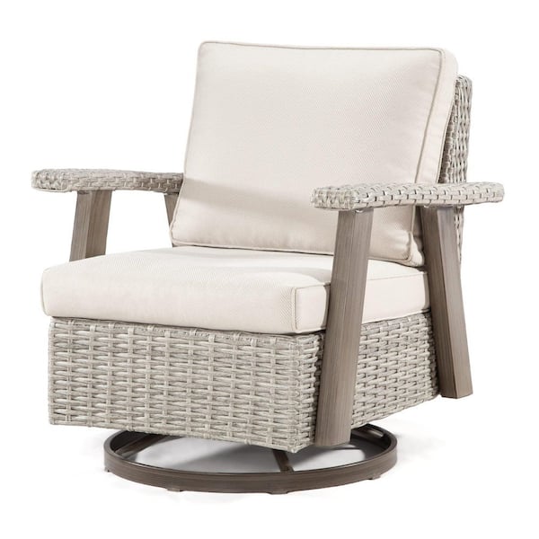 1PC Upgraded Wicker Outdoor Lounge Chair with Beige Cushions, 360-degree Swivel, Gentle Rocker, Metal Frame Patio Chair