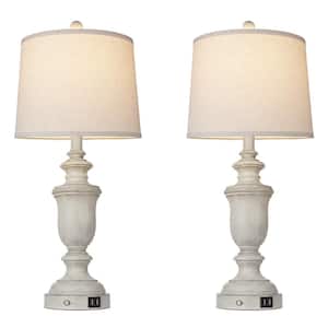 Lieven 25.6 in. Distressed Gray Farmhouse Resin Table Lamp Set with Dual USB Ports