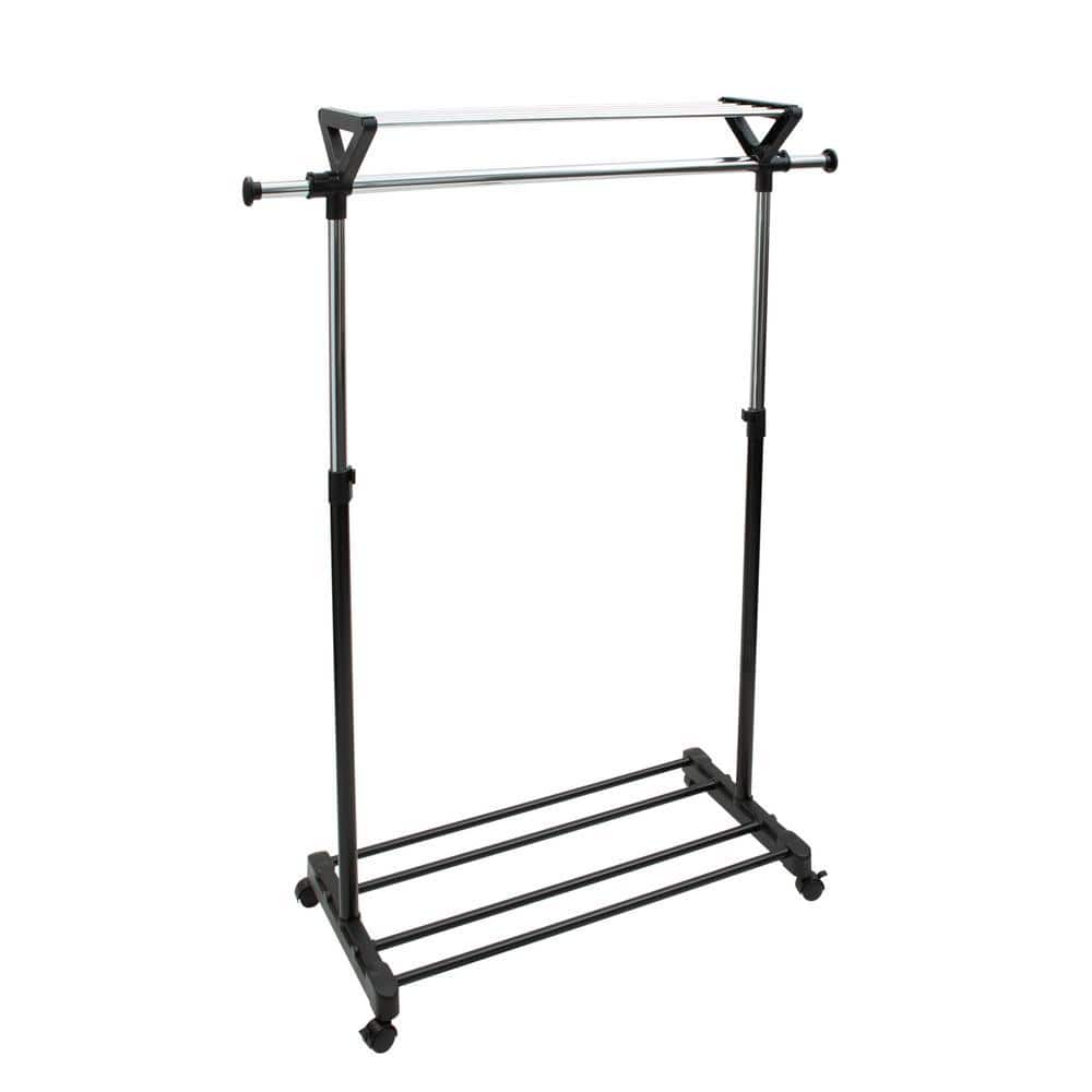 Adjustable Black and Chrome Steel Garment Rack with Shelves