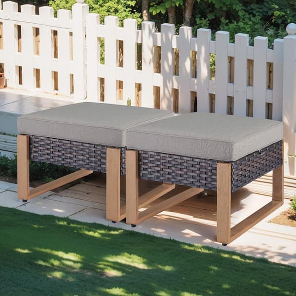 Rectangular Framed 2-Pack Wicker Outdoor Ottoman Steel Frame Footstool with Removable Gray Cushions