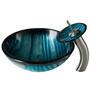 Natura 17 in. Round Vessel Bathroom Sink in Blue Glass with Waterfall Faucet in Satin Nickel