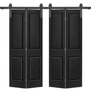 48 in. x 80 in. 2 Panel Black Painted MDF Composite Double Bi-Fold Barn Door with Sliding Hardware Kit