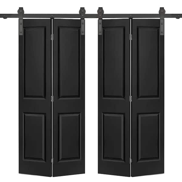 CALHOME 72 in. x 80 in. Hollow Core 2-Panel Black MDF Composite Double Bi-Fold Barn Doors with Sliding Hardware Kit
