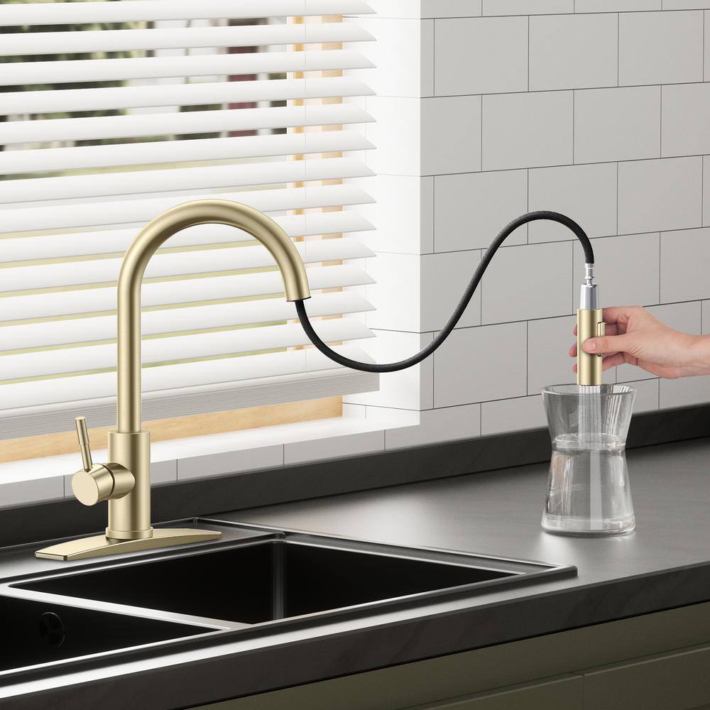 Brushed Gold Stainless Steel Pull Down Kitchen Faucet with Soap Dispenser