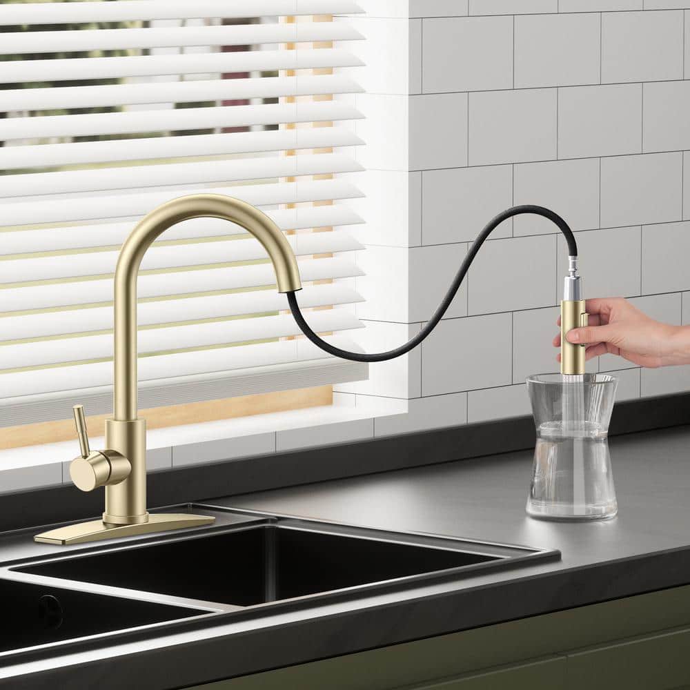 Brushed Gold Stainless Steel Pull Down Kitchen Faucet with Soap Dispenser