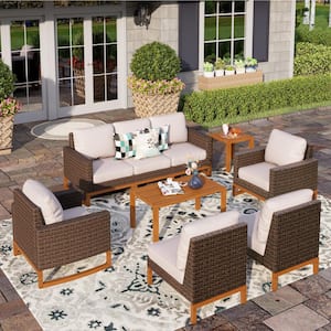 Metal 7 Seat 9-Piece Rattan Wicker Steel Outdoor Patio Conversation Set With Beige Cushions and Wood-Colored Table