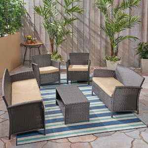 St. Lucia Brown 5-Piece Faux Rattan Patio Conversation Set with Tan Cushions