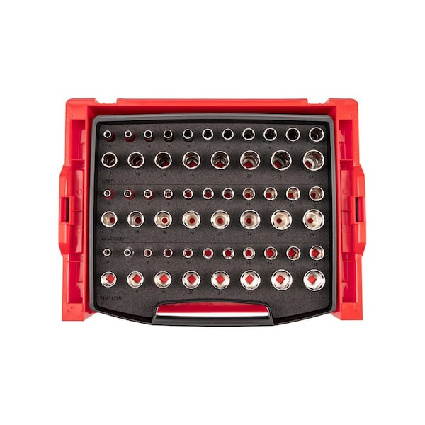 3/8 Inch Drive Shallow, Semi-Deep, and Deep 6-Point Socket Set with Open Top Drawer and Rack, 57-Piece (6-24 mm)