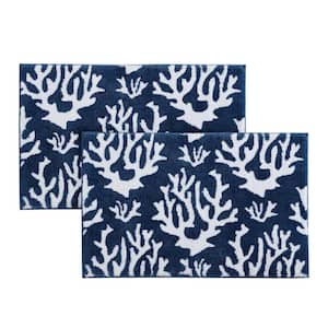 Coral Waterway Blue/White 2-Piece Polyester 20 in. x 32 in. Knit Bath Rug Set