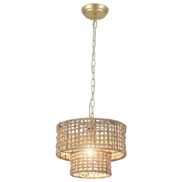 Farmhouse Gold 1-Light 2-Tier Woven Rattan Chandelier Boho Modern Hanging Pendant Light Fixture