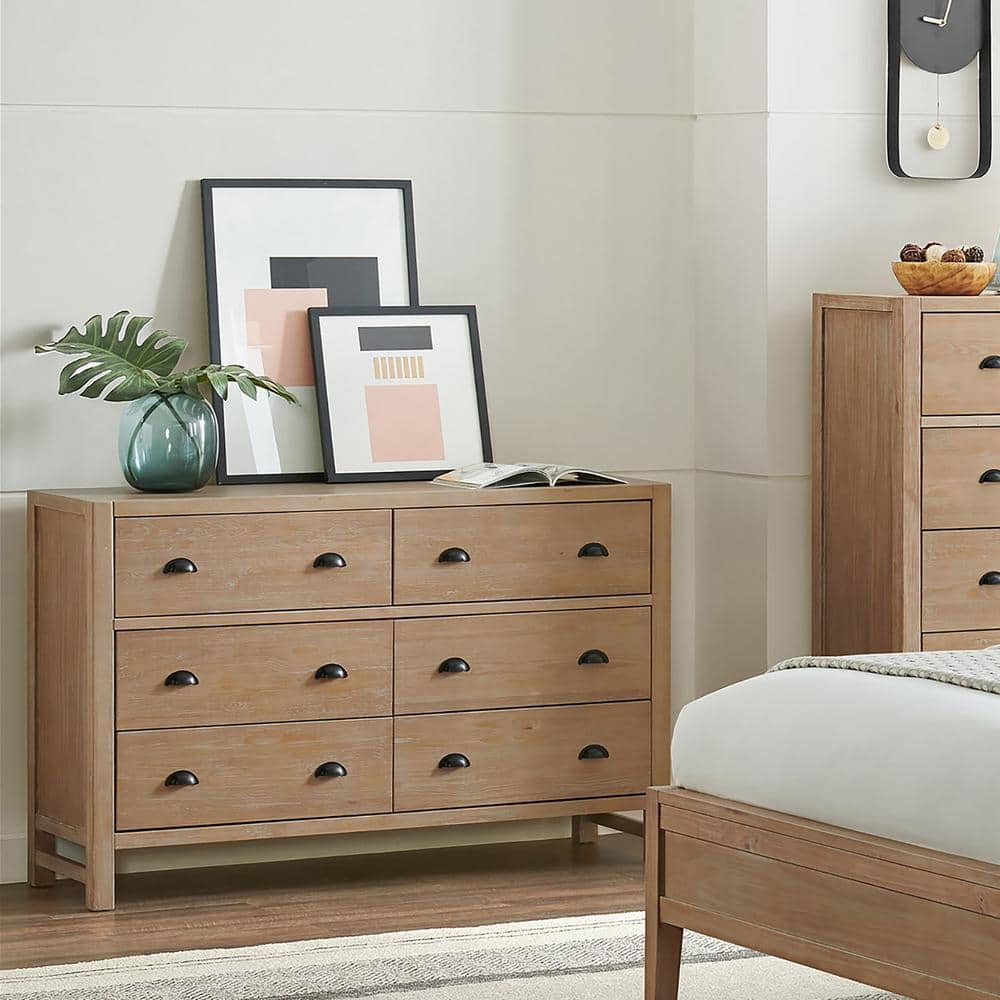 Farmhouse Light Brown Pine Wood Double Dresser with Deep Drawers