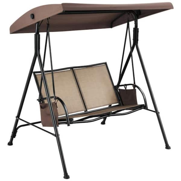 Clihome 2-Person Steel Flame Porch Swing with Adjustable Canopy and 2 Storage Pocket in Brown