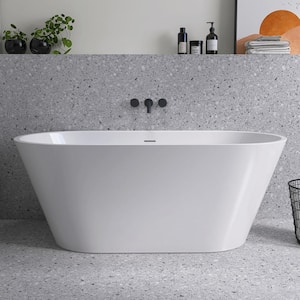 55 in. x 27.5 in. Oval Free Standing Soaking Bathtub Flat Bottom with Center Drain Freestanding Bathtub in Glossy White