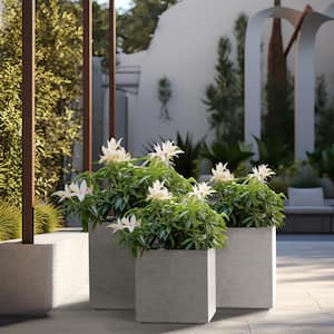 Modern 10in., 12in., 16in. High Large Tall Square Stone Finish Outdoor Cement Planter Plant Pots Set of 3