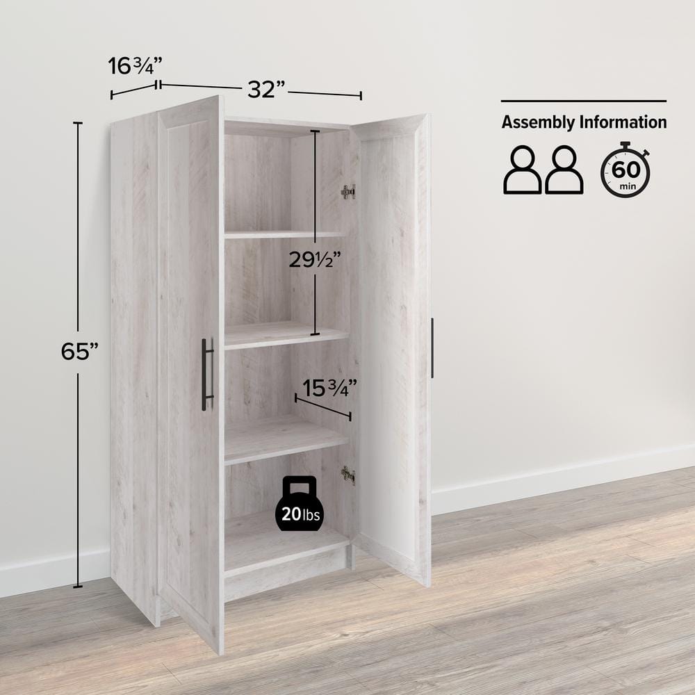 Washed White Tall Utility Storage Cabinet with Adjustable Shelving