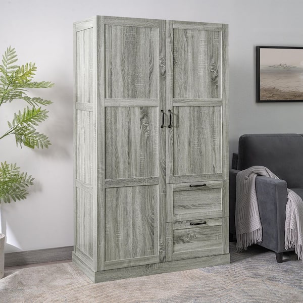 HOMESTOCK 71.06 in. Multipurpose Bedroom Armoire Wardrobe Closet Pantry Accent Storage Cabinet with Drawers in Gray Oak