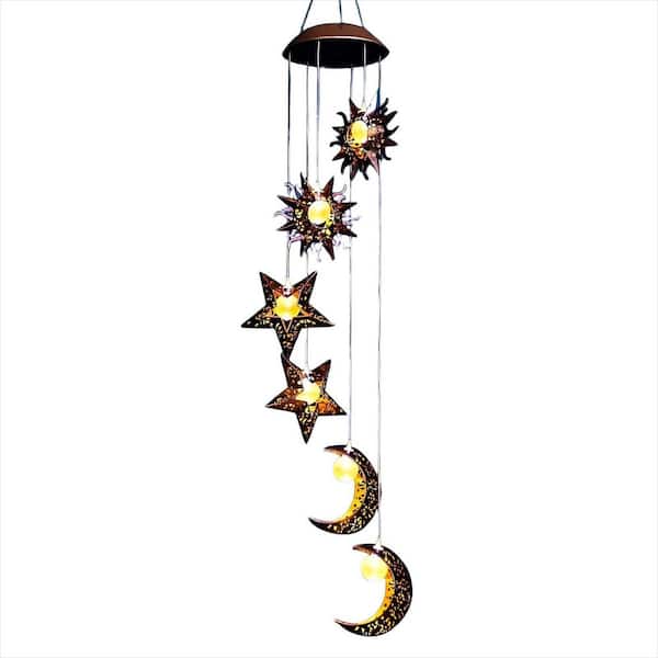 Solar Wind Chimes with Sun, Moon, Star, Hanging Lights Windchimes Outdoors Garden Decor, Yellow