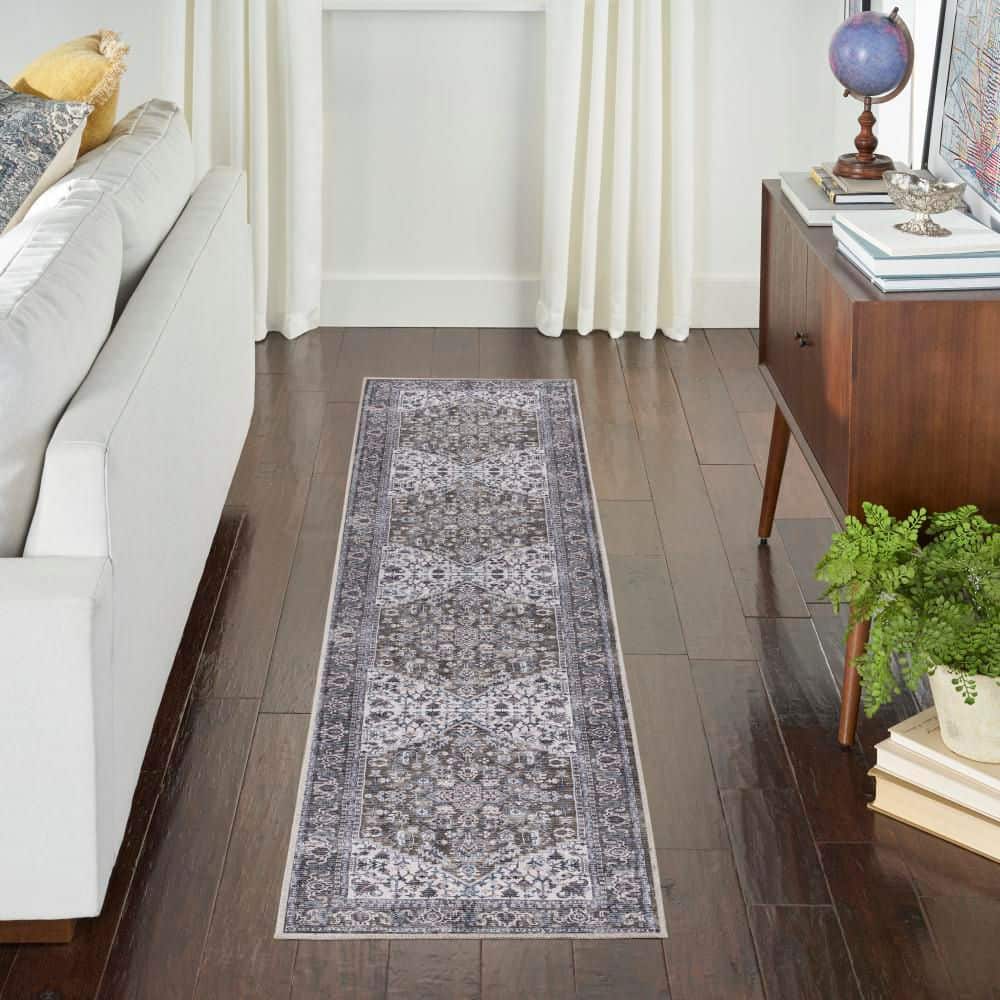 Olive Ivory Floral Cotton Chenille Runner Rug