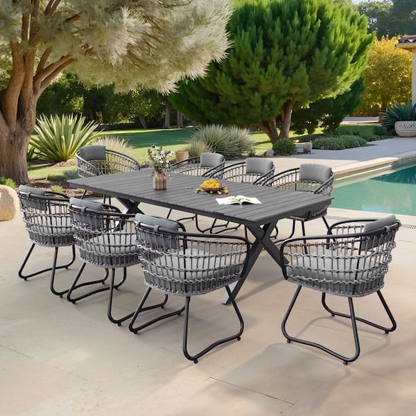 iwicker patio square steel dining table with umbrella hole Sophia & William 9pc Set for 8, Rattan Chairs making it easy to sit back and enjoy Outdoor Square Patio Dining Table